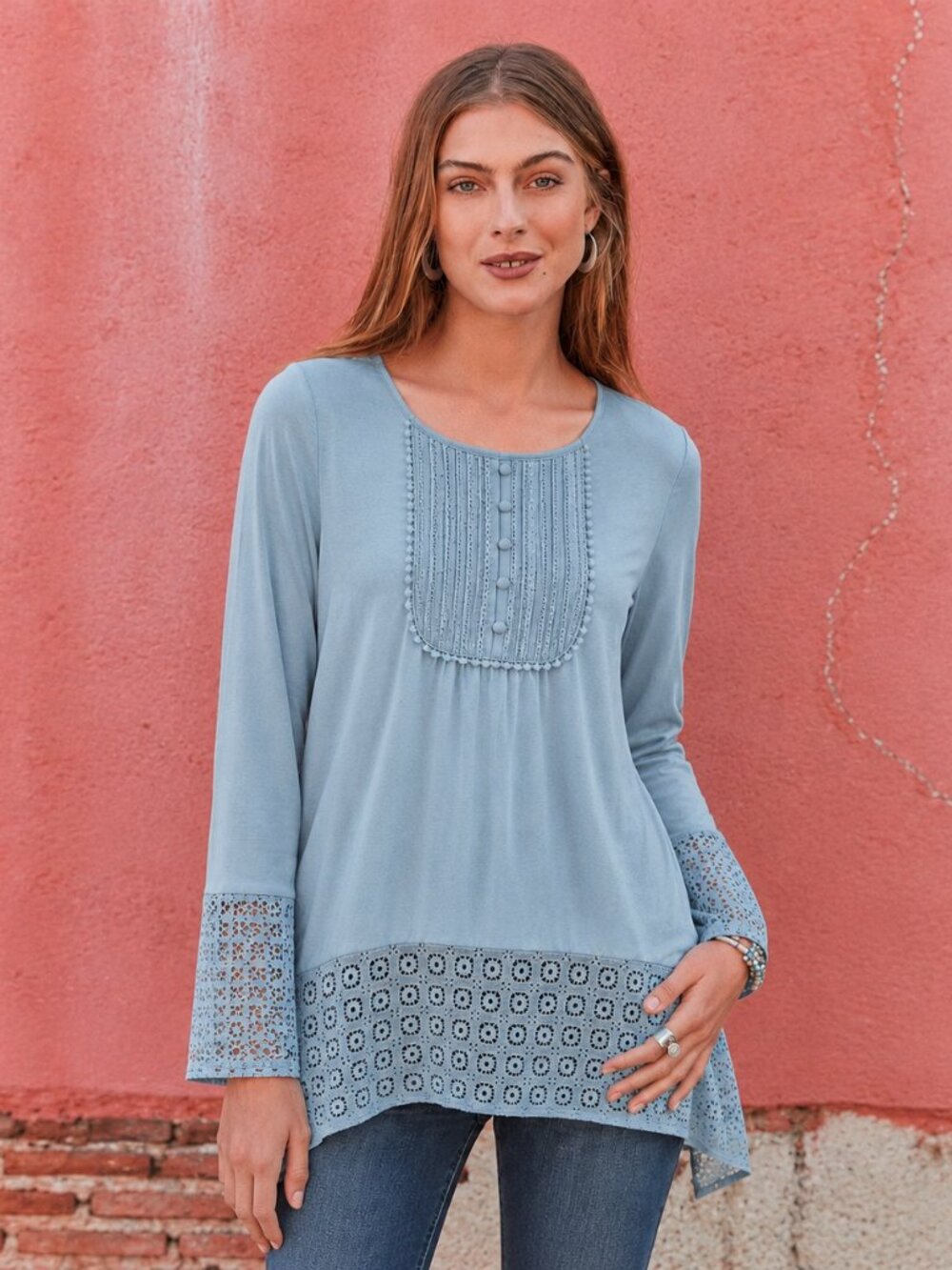 SUNDANCE: Knitted Long Sleeve Tee with Lace Trims